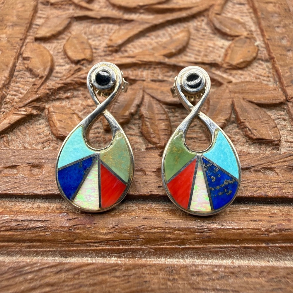 Sterling Silver Inlay Earrings 925 Teardrop Turquoise Fire‎ Opal Spiny Oyster